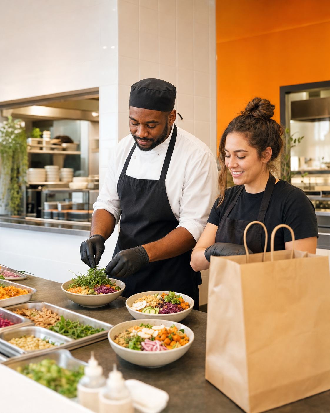 Restaurant team preparing lunch orders